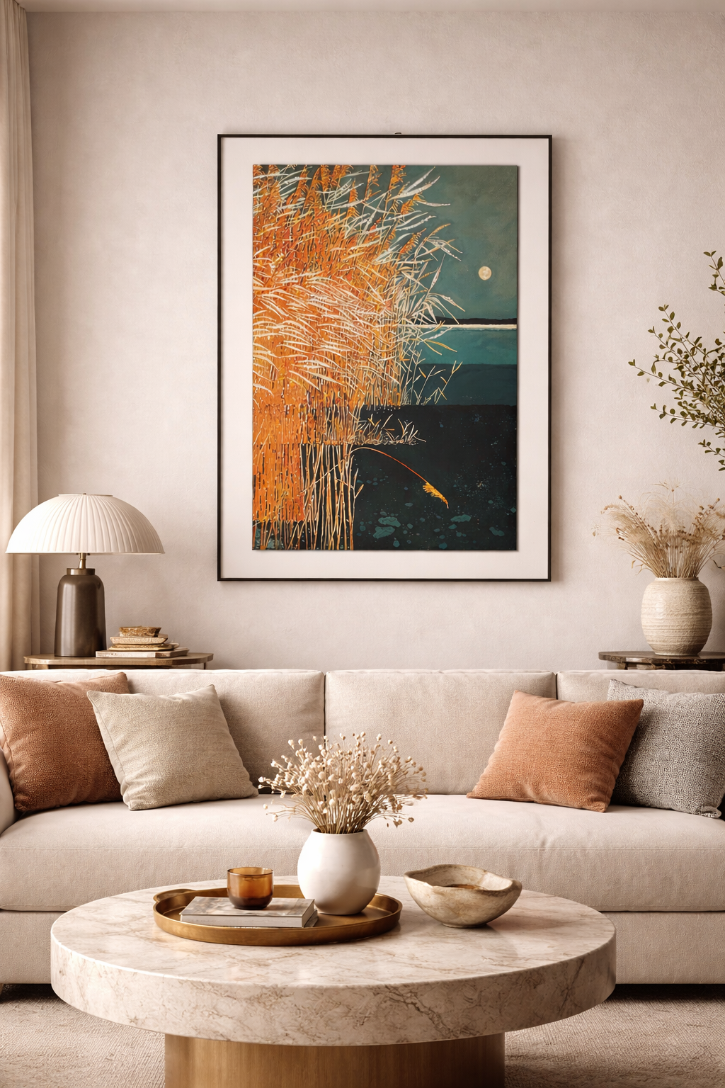 Tableau Abstrait Nature – Roseaux Dorés au Clair de Lune