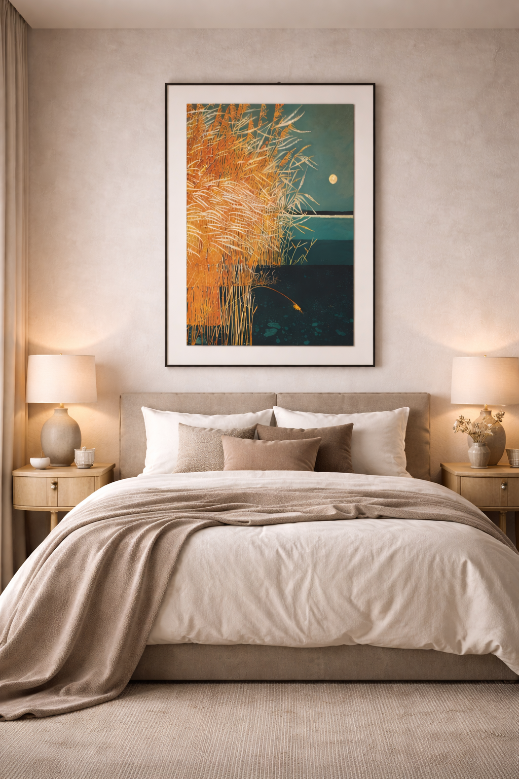 Tableau Abstrait Nature – Roseaux Dorés au Clair de Lune