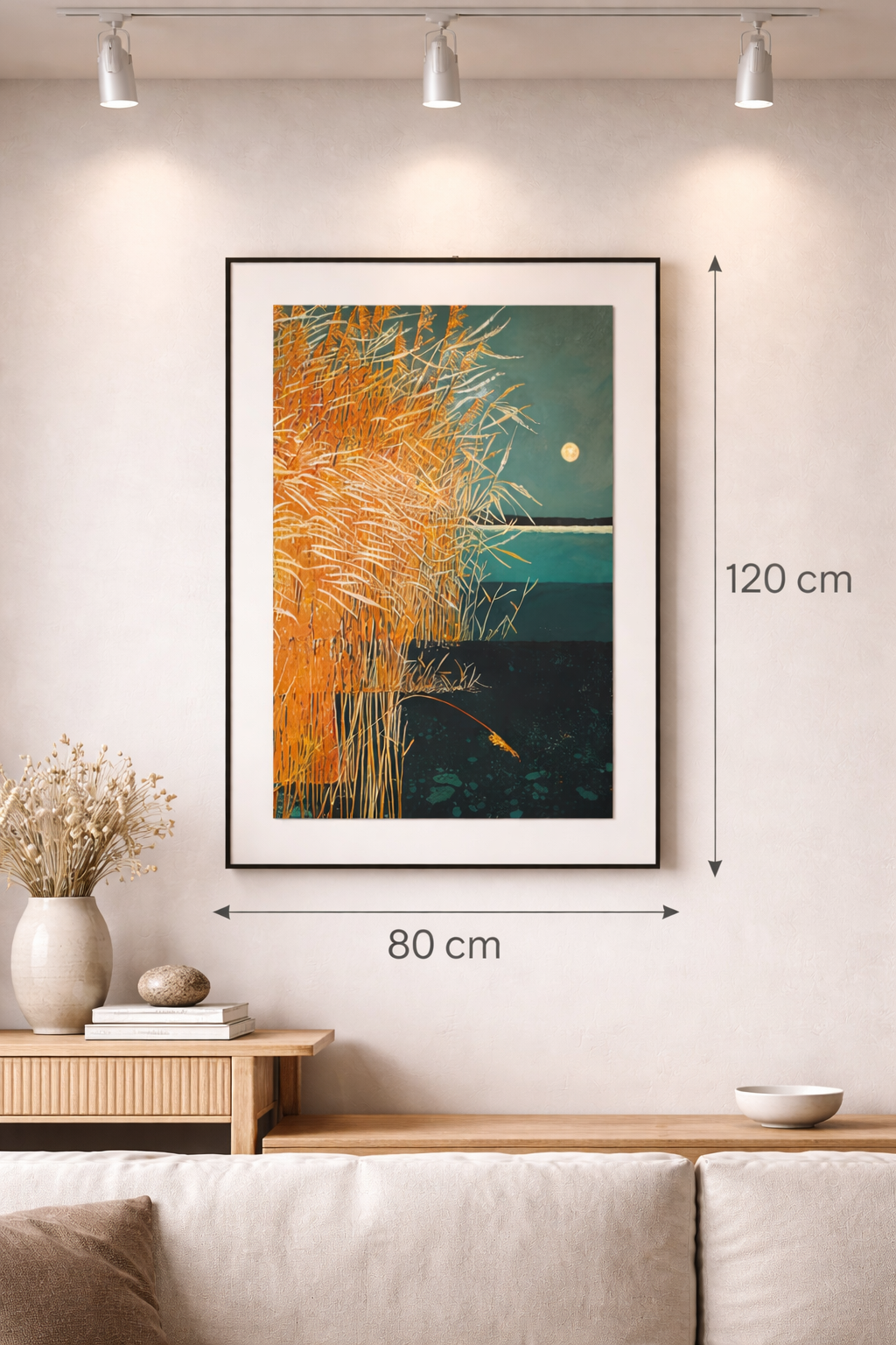 Tableau Abstrait Nature – Roseaux Dorés au Clair de Lune
