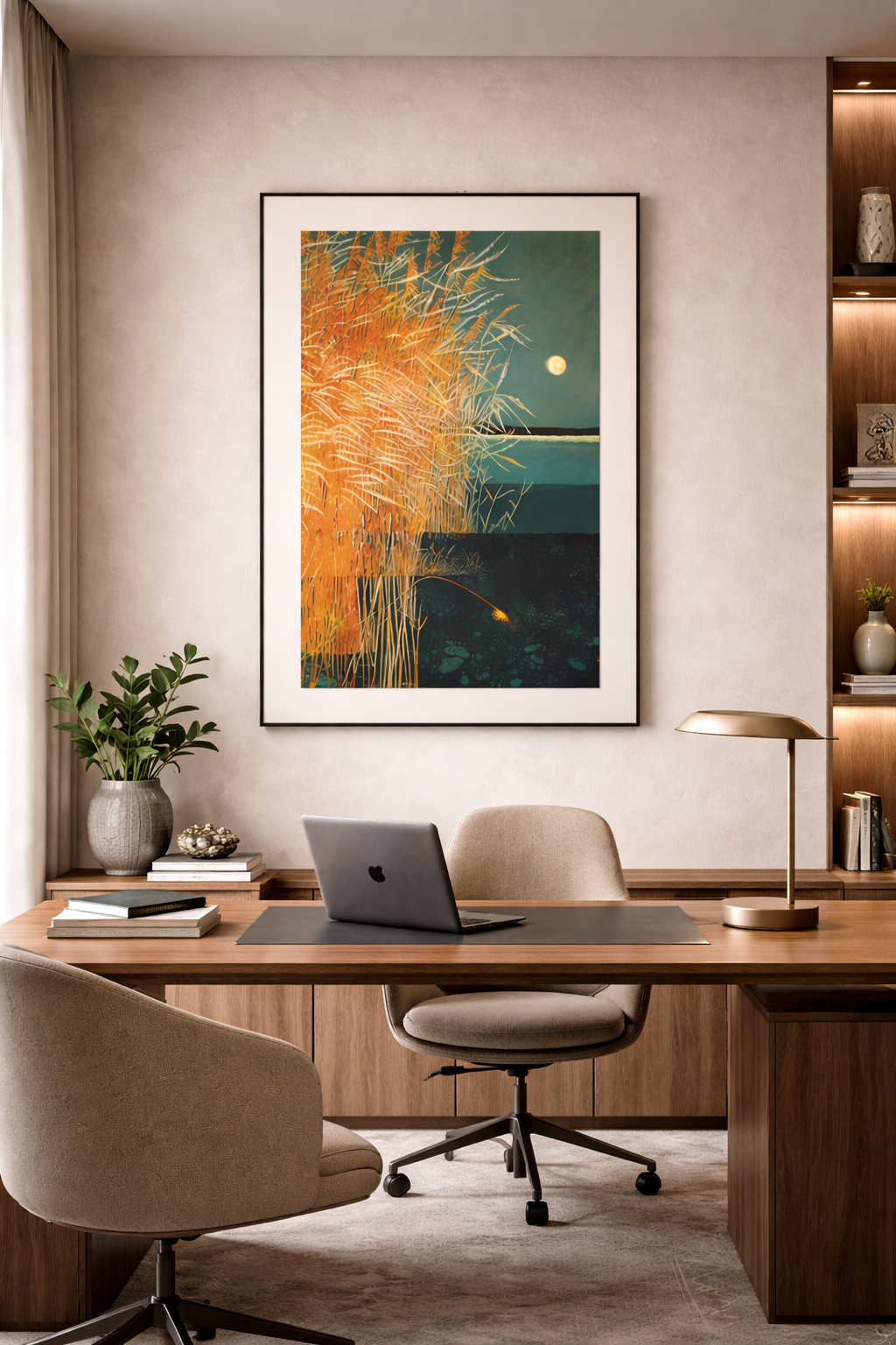 Tableau Abstrait Nature – Roseaux Dorés au Clair de Lune