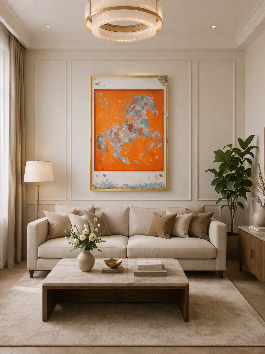 Tableau Cheval Floral Orange