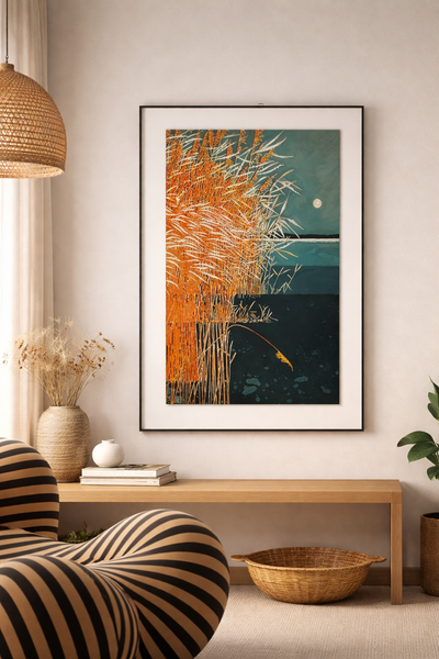 Tableau Abstrait Nature – Roseaux Dorés au Clair de Lune