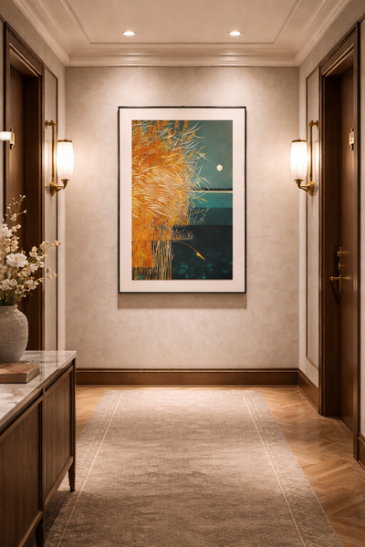 Tableau Abstrait Nature – Roseaux Dorés au Clair de Lune