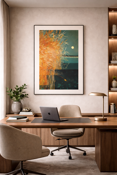 Tableau Abstrait Nature – Roseaux Dorés au Clair de Lune