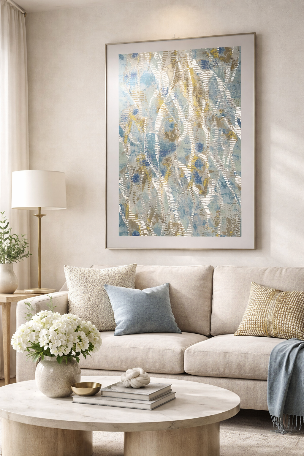 Tableau Abstrait Bleu & Doré – Texture Lumineuse