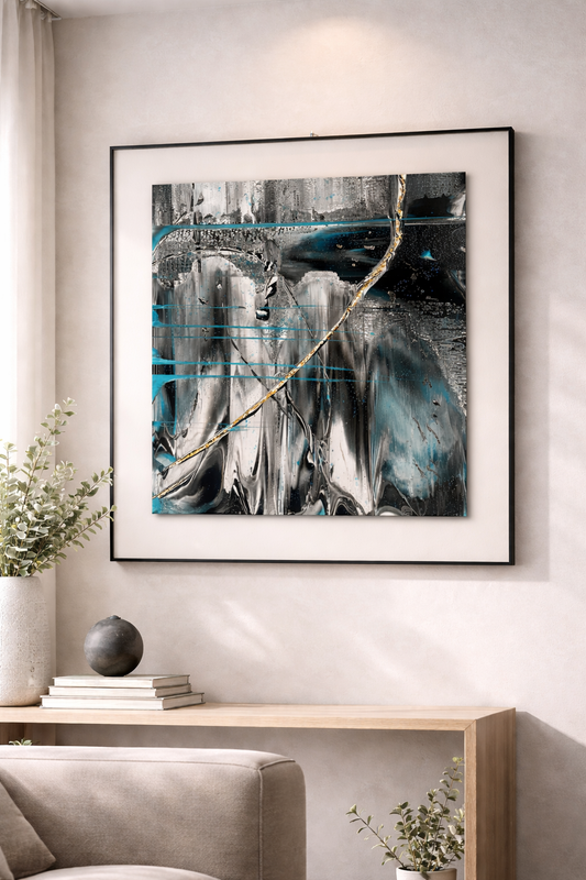 Tableau Abstrait Noir, Argent & Bleu Turquoise – Ligne Dorée