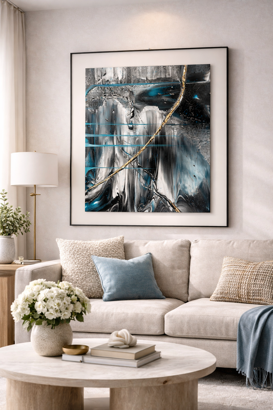 Tableau Abstrait Noir, Argent & Bleu Turquoise – Ligne Dorée