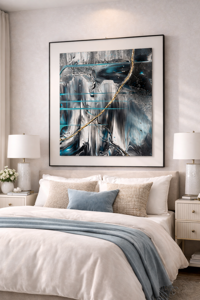 Tableau Abstrait Noir, Argent & Bleu Turquoise – Ligne Dorée