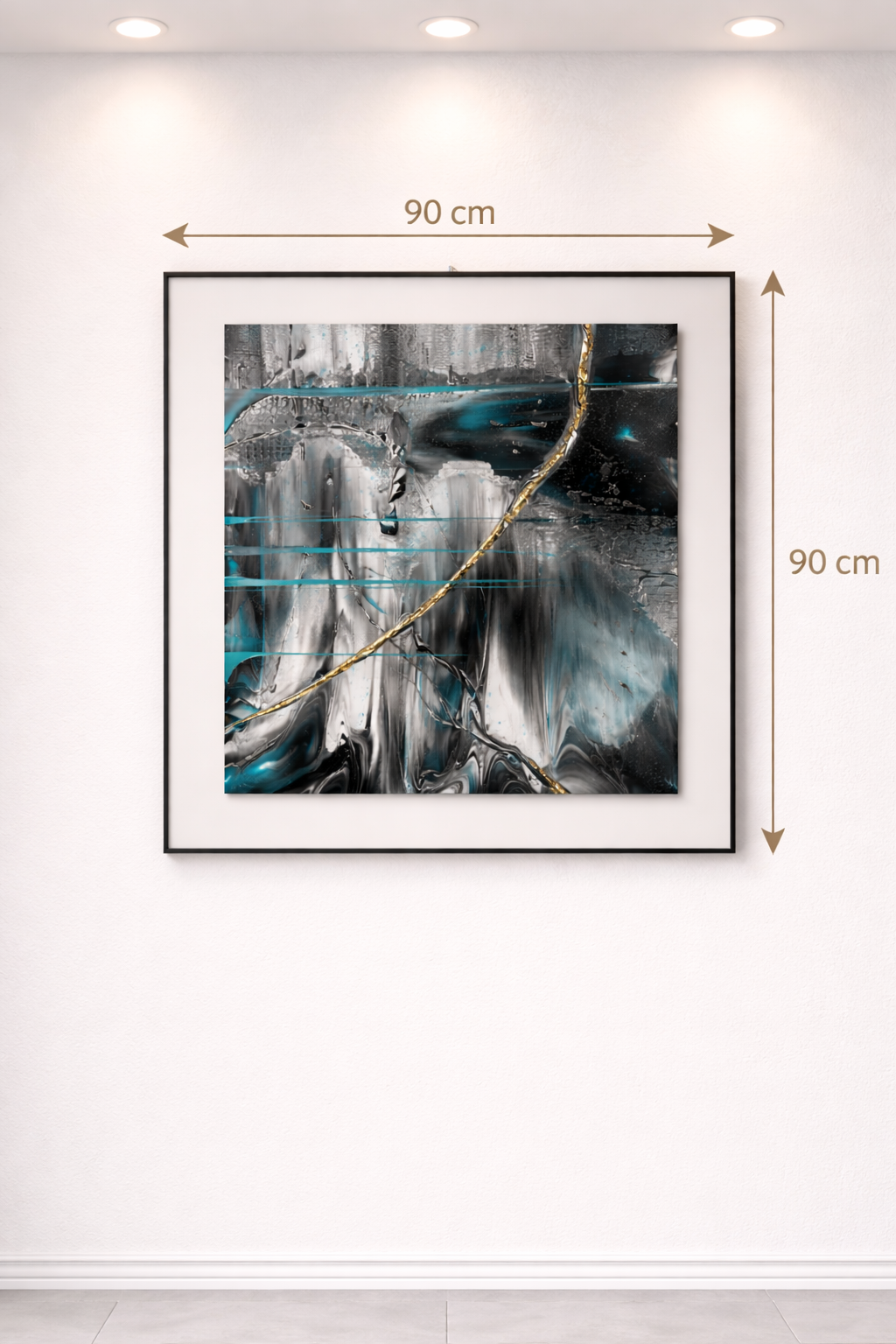 Tableau Abstrait Noir, Argent & Bleu Turquoise – Ligne Dorée