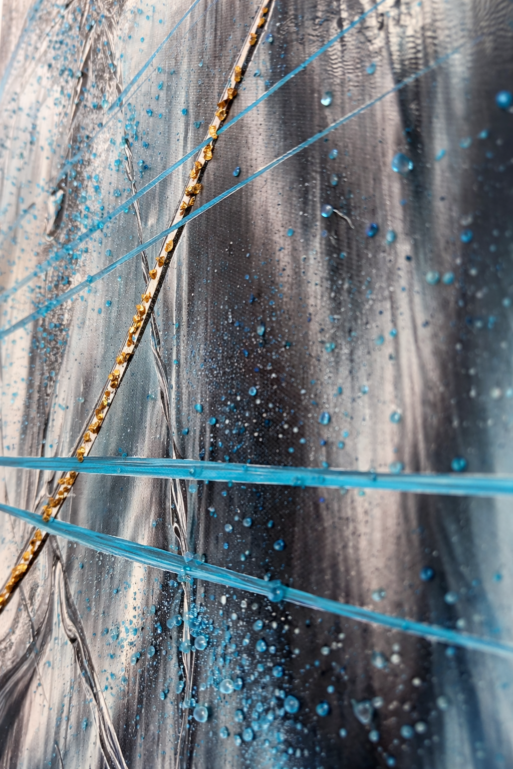 Tableau Abstrait Noir, Argent & Bleu Turquoise – Ligne Dorée