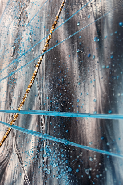 Tableau Abstrait Noir, Argent & Bleu Turquoise – Ligne Dorée