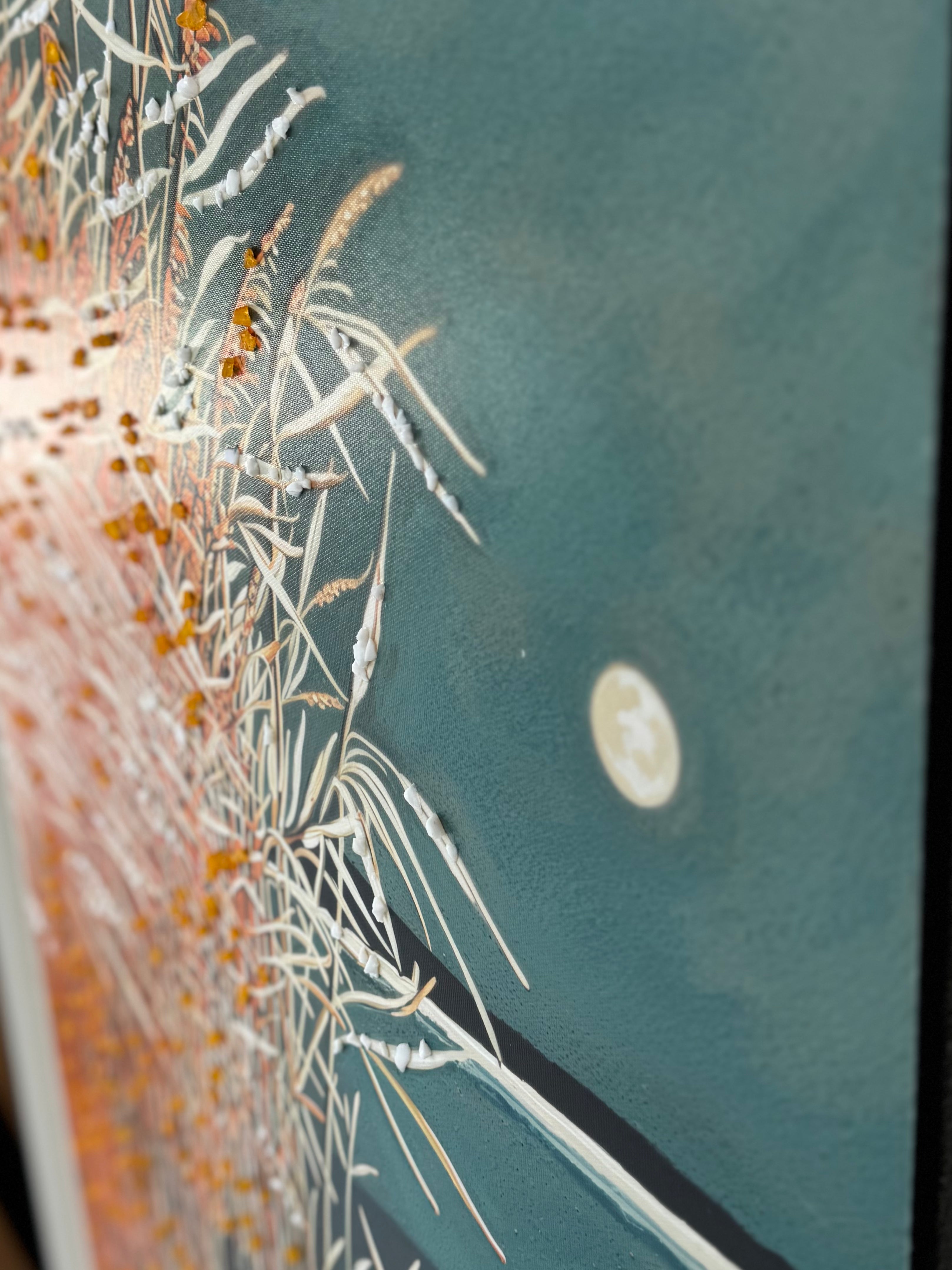 Tableau Abstrait Nature – Roseaux Dorés au Clair de Lune
