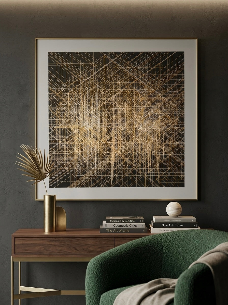 Tableau Éclat Géométrique – Tableau Abstrait Linéaire Doré & Argenté